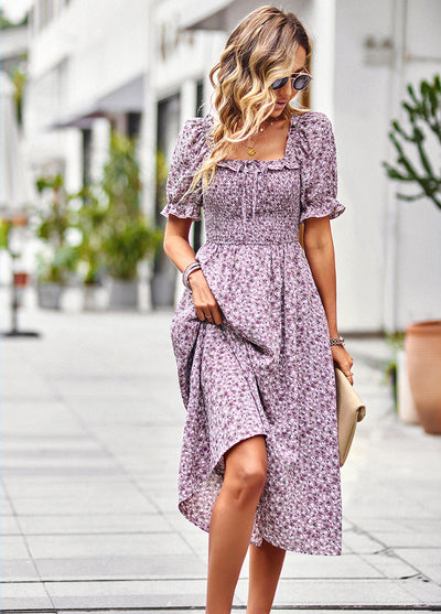 Casual Square Collar Floral Dress