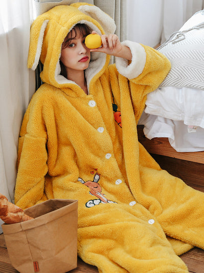 Yellow Carrot Rabbit Coral Fleece Pajamas Extended Bathrobe