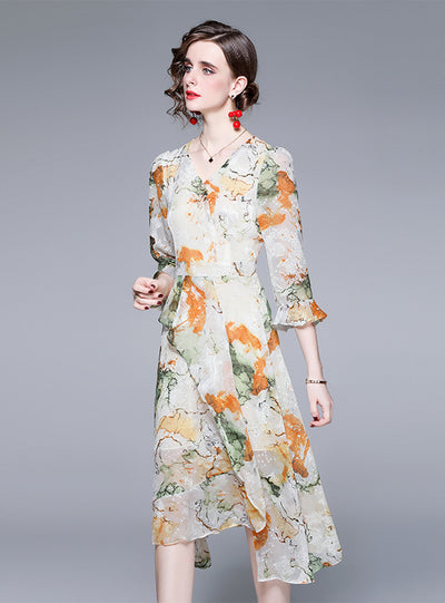 V-neck Chiffon Print Long Sleeve Dress