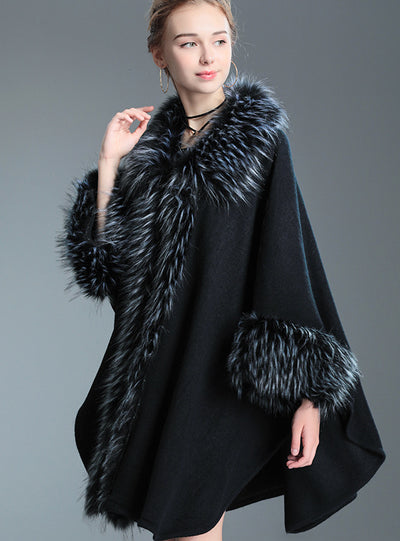 Imitation Raccoon Fur Collar Shawl Cloak