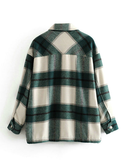 Winter Women Green Plaid Long Coat Jacket