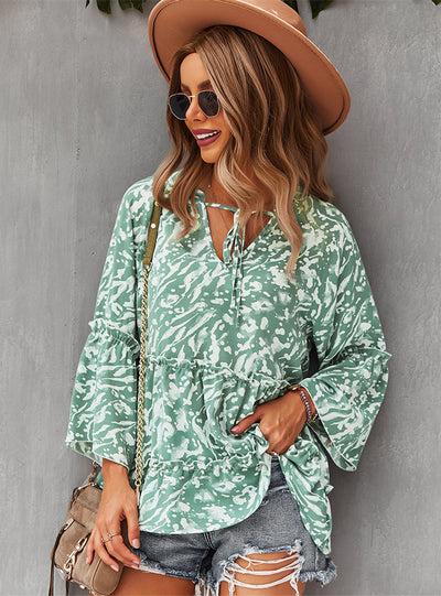 Loose Print Long Sleeve Shirt Top