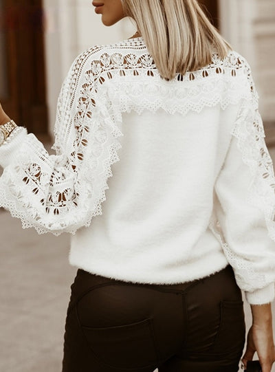 Women Solid Guipure Lace Lantern Sleeve Sweater