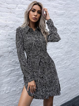 Long Sleeve Lapel Leopard Print Shirt Dress