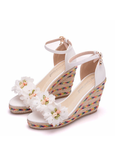 White Flower Fishmouth Wedge Sandals