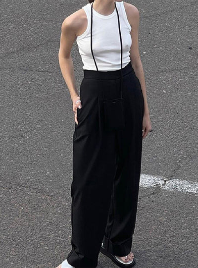 Women High Waist Pockets Female Pleated Wide Leg Pants