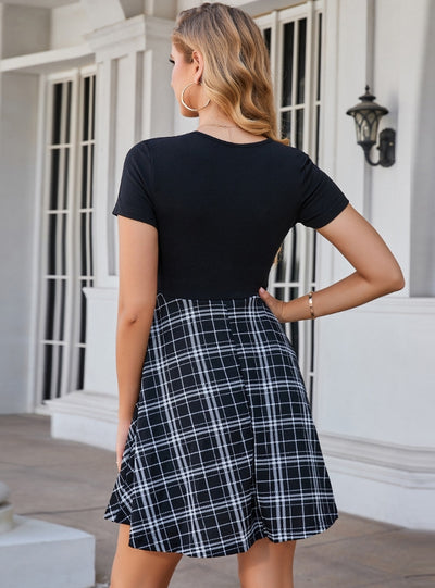 Spliced Round Neck Plaid Dress