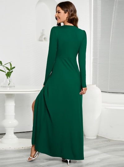 V-neck Long Sleeve Split Slim Dress