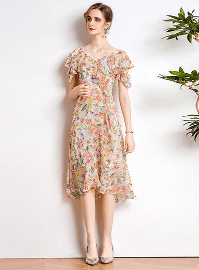 V-neck Lotus Leaf Sleeve Beaded Print Dress