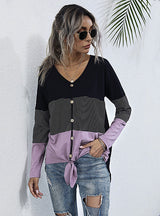 Loose V-Neck Long Sleeve Spliced Striped T-shirt