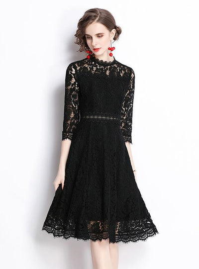 Black Hollow Lace 3/4 Sleeve Dress