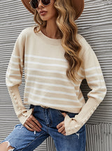 Button-threaded Cuff Striped Sweater