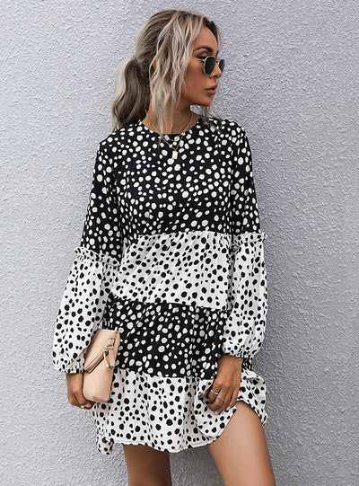 Dot Scoop Printed Long Sleeve Dress