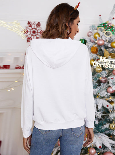 Hooded Christmas Print Loose Stitching Top