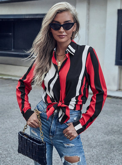 Retro Lapel Long Sleeve Contrast Striped Shirt