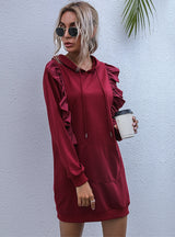 Long Ruffled Stitching Long Sleeve Hoodie Dress