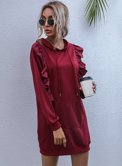 Long Ruffled Stitching Long Sleeve Hoodie Dress