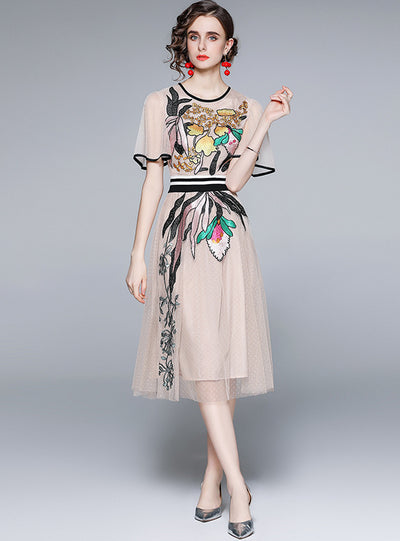 Short Sleeve Gauze Embroidered Flower Dress