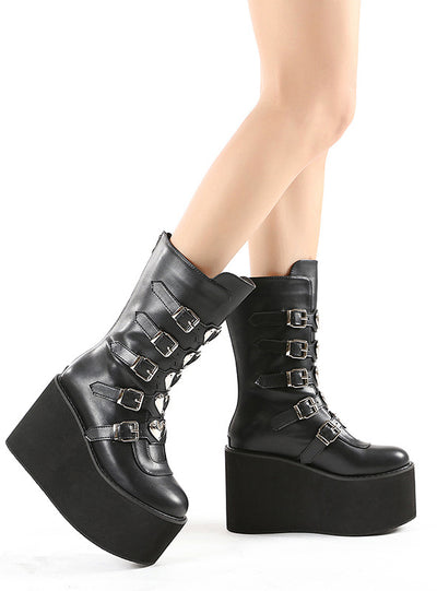 Double Row Metal Square Buckle Thick Soled Boots