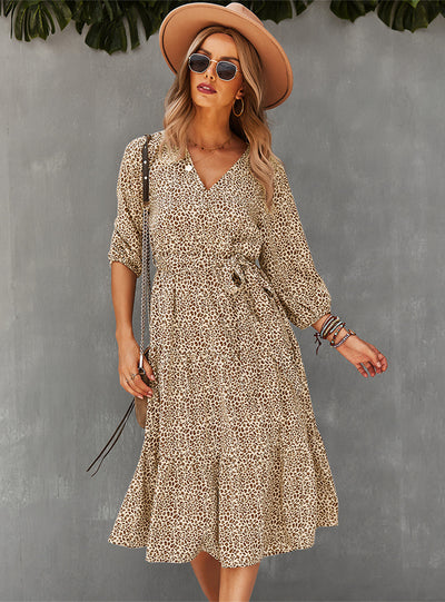 Long Sleeve V-neck Print Prom Dress