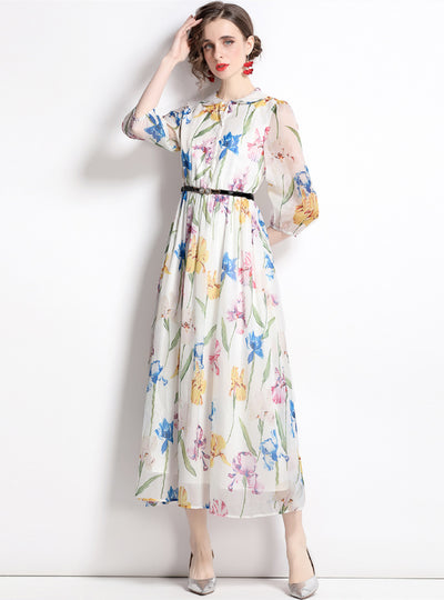 3/4 Sleeve Chiffon Print Dress