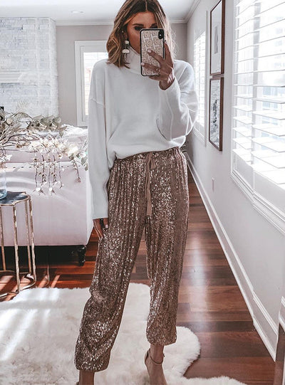 Lotus Leaf Sequins Drawstring High Waist Pants