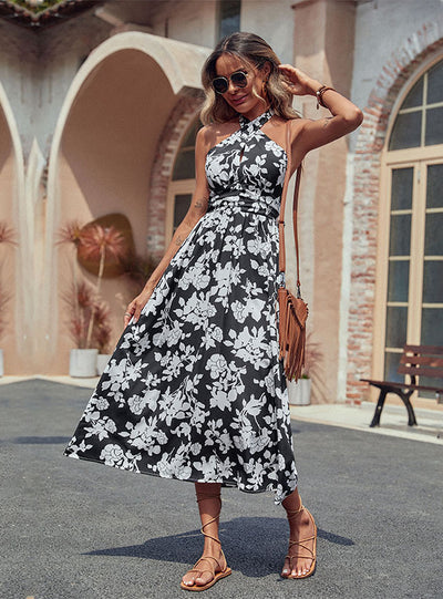 Hollow Print Halter Backless Dress