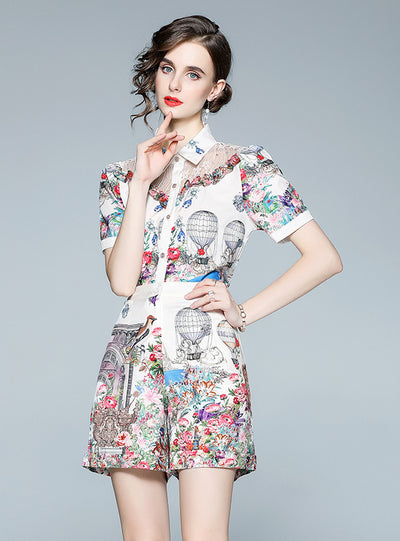 Short Sleeve Printed Top Shorts Two-piece Suit