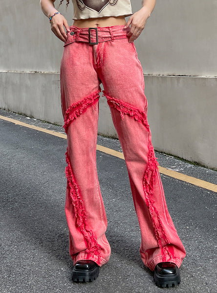 Stitching Color Tassel Metal Button Belt Jeans