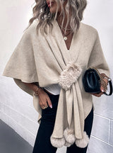 Solid Color Wool Ball Cardigan Sweater Cloak Shawl