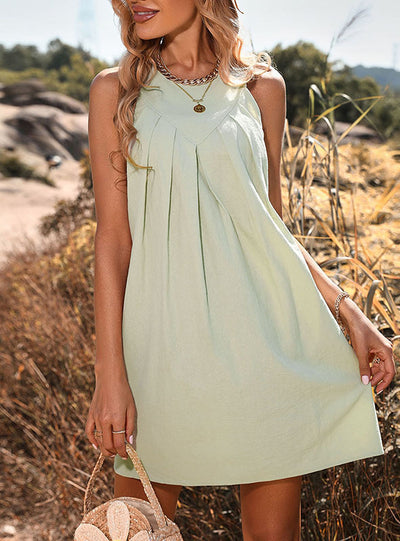 Pleated Cotton Linen Sleeveless Vest Dress