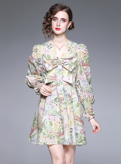 Floral Long Sleeve V-neck Dress