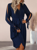 Long Sleeve Pleated Solid Color Dress