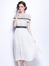 White Lace Waist Slim Pleats Dress