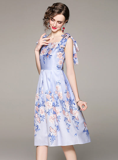 Bow Tie Strap Print Blue Dress