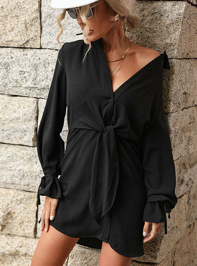 Cardigan Lapel Long Sleeve Knotted Shirt Dress