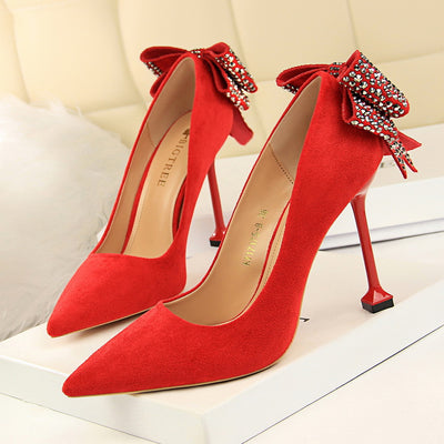 Rhinestone Bow Shallow Suede Pointed Back Shoes