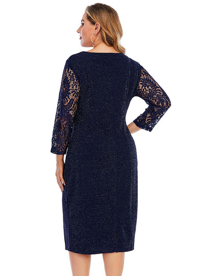 Flower Hollow Bright Silk Crewneck Lace Dress