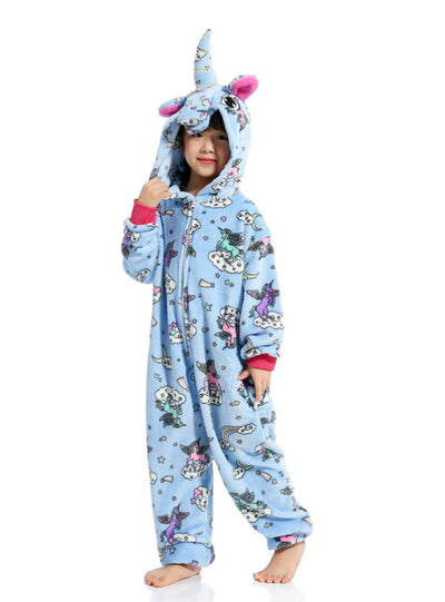 Light Blue Print Fly Unicornio Onesie Zipper Jumpsuit 