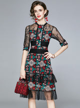 Embroidered Lace Retro Slim Medium-length Dress