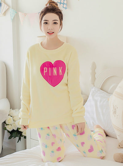 Pink Heart Pyjamas Sets Thick Warm Coral Velvet Suit