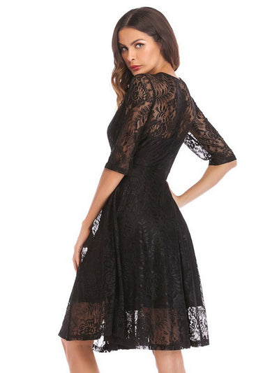 Round Neck Big Swing Retro Lace Dress