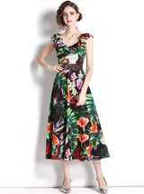 Lotus Leaf Floral Waist Slim Print Dress