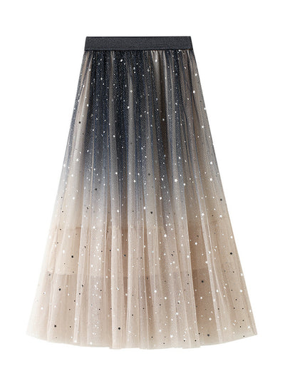 Gradual Star Sequins Elastic Waist Gauze Skirt