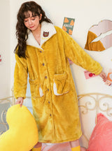 Yellow Owl Thickened Coral Velvet Loose Long Robe