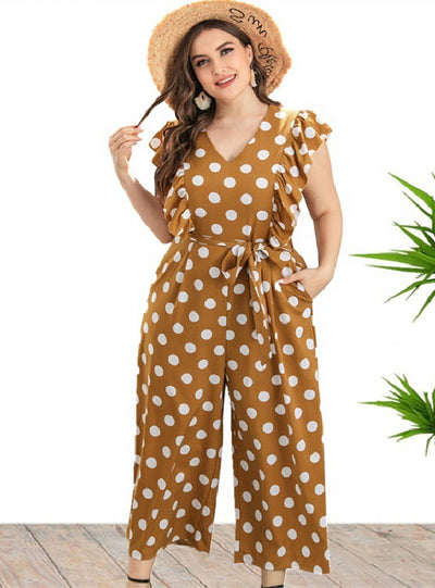 Wide-leg Large Size Ruffles Wavy Spots Jumpsuit