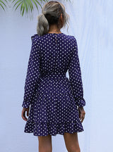 Lotus Leaf Stitching Retro Polka-dot Long Sleeve Dress