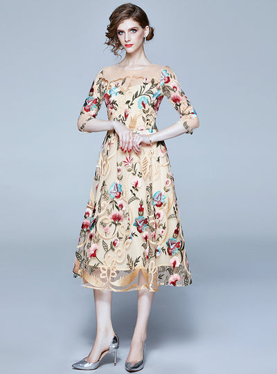 Heavy Wmbroidery Flower Long Dress