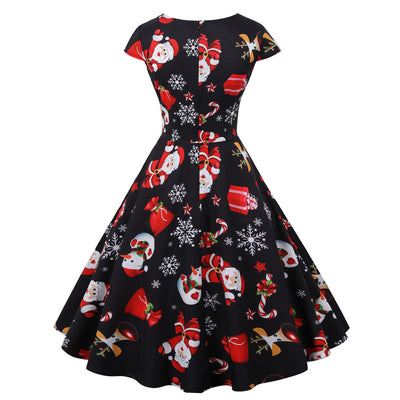 V-neck Short Sleeve Printed Big Swing Dress