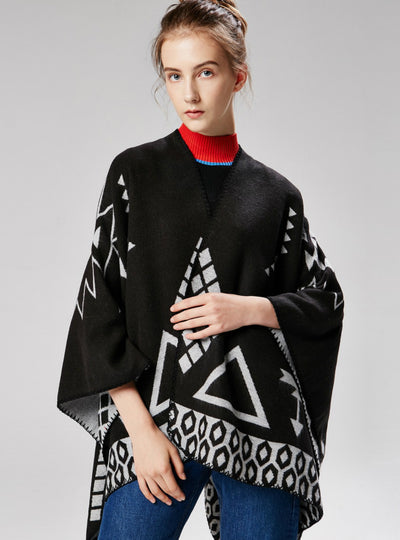 Geometric Pattern Split Lengthened Shawl Cashmere Cloak